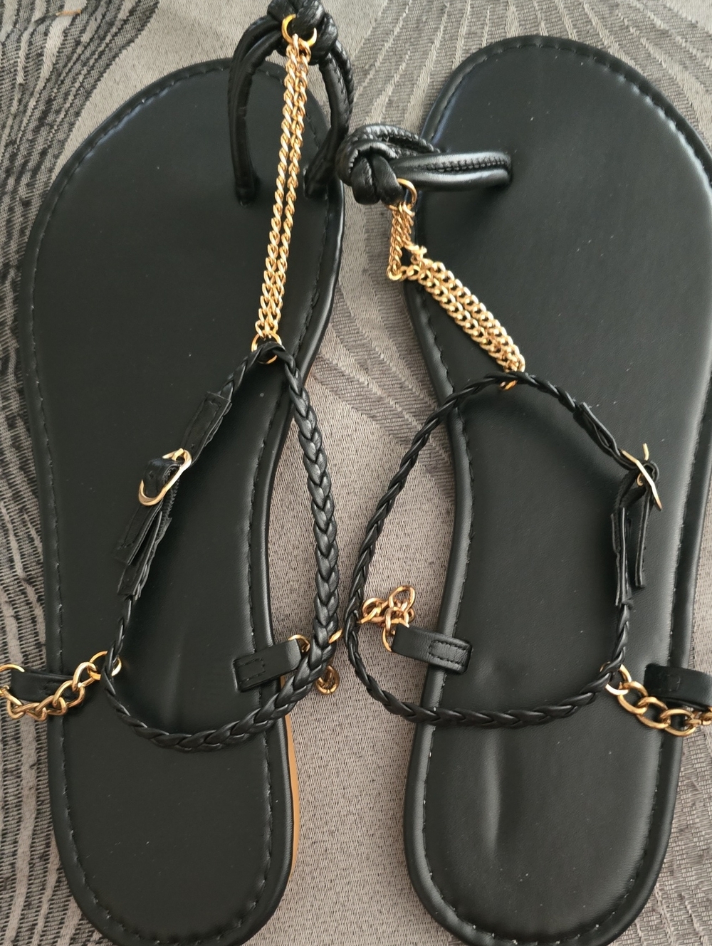 Women's Black Braided Strap Sandals with Gold Chain Accent